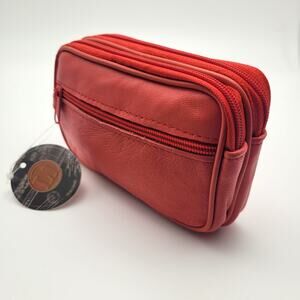 Red Leather Travel Wristlet Double Zip Small Organizer Pouch NWT Soft